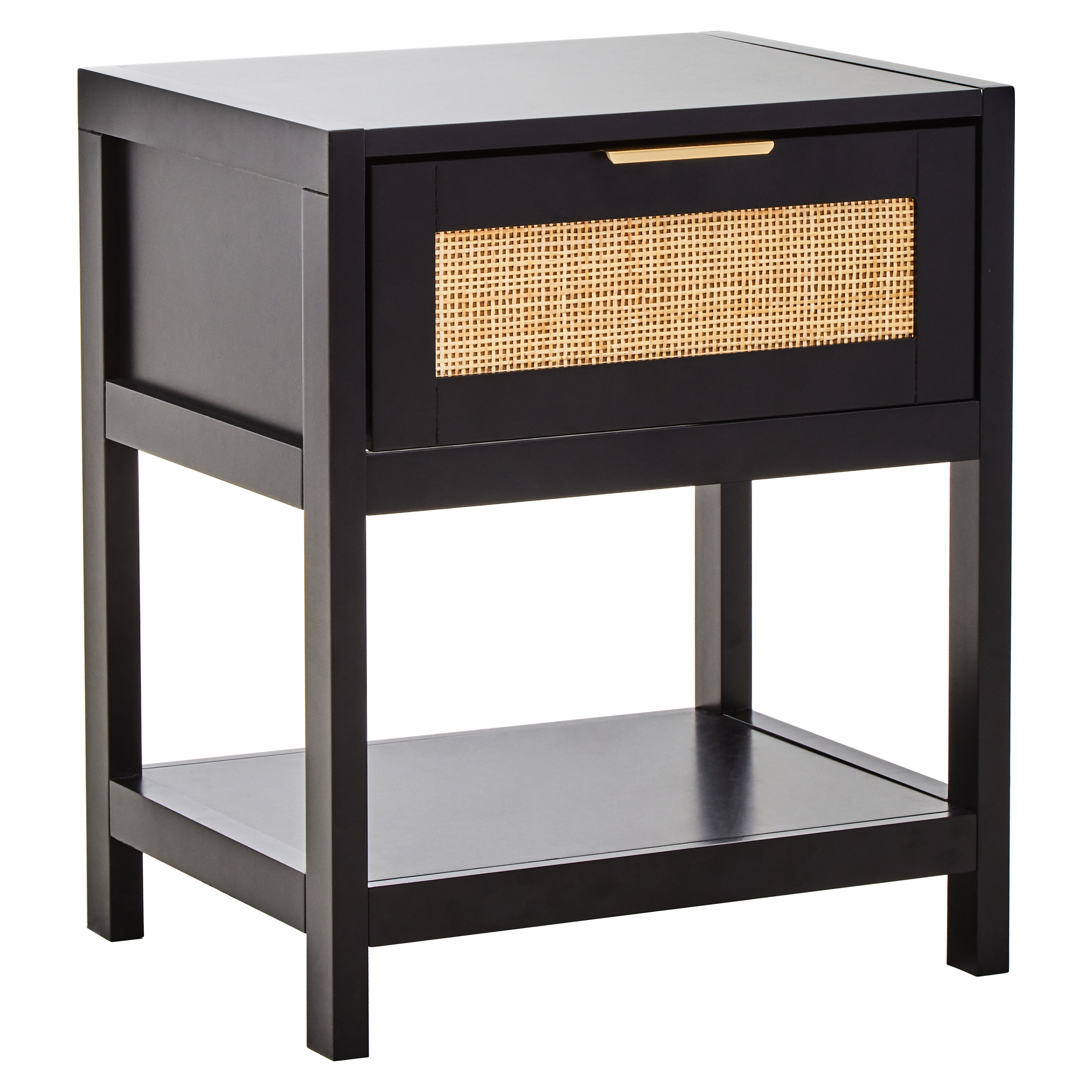 Burwood Black Wood & Rattan Bedside Table | 1 Drawer